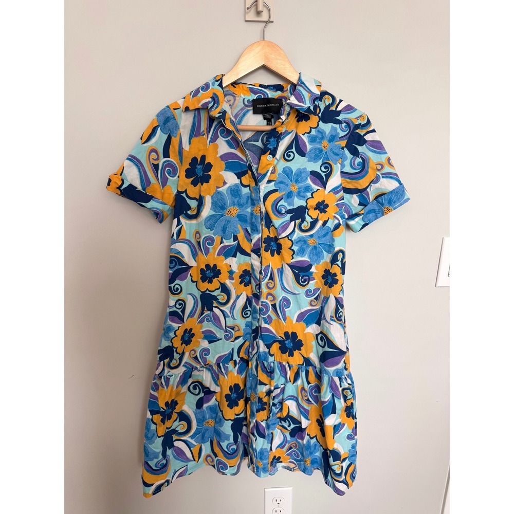 DONNA MORGAN | Shirt Dress Womens 6 Blue Orange Floral Paisley Retro Mini Sun